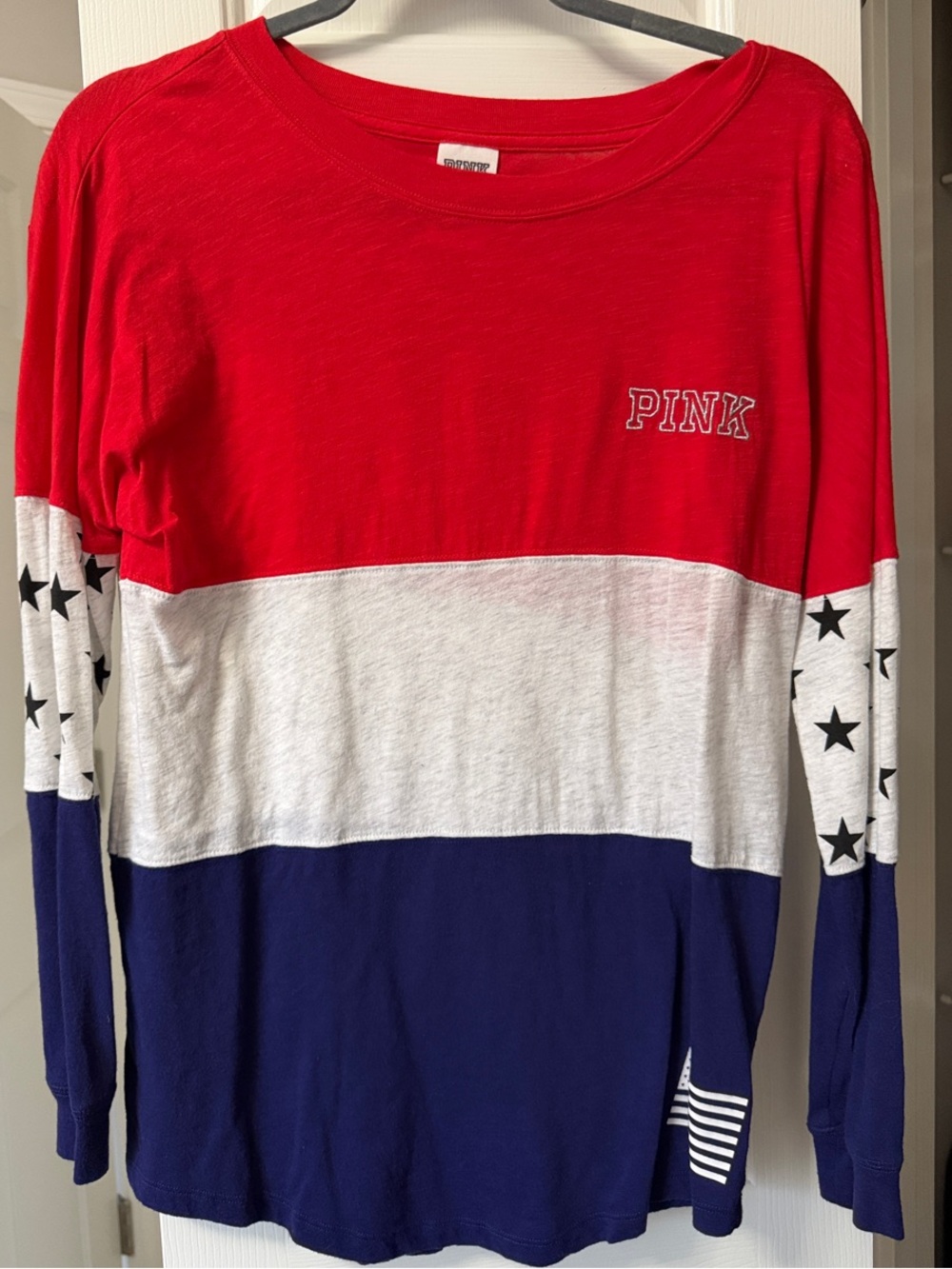 PINK Victoria's Secret Red White & Navy Star-Stripe Long Sleeve Top